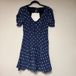 Rebecca Taylor Navy Ikat Silk Dress Puff Sleeve Open‎ Back Bow Tie size 4